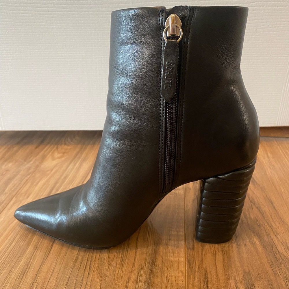 SCHUTZ Black Leather Ribbed-Block Heel Ankle Boots - Picture 7 of 11